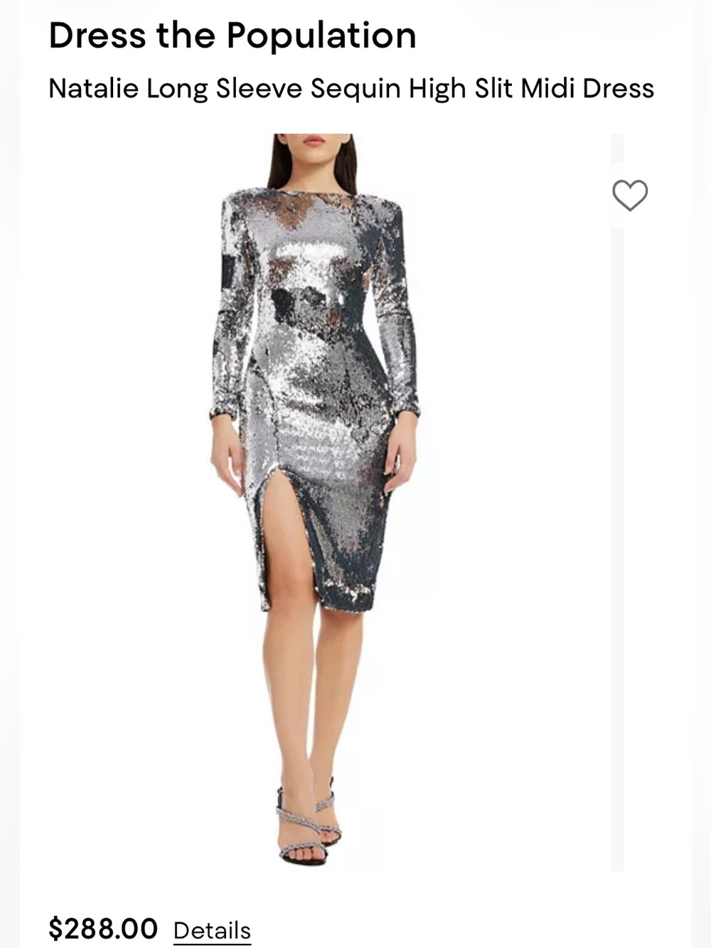 Dress the Population NatalieSilver Sequin Long Sleeve Dress Side Slits Size S NW